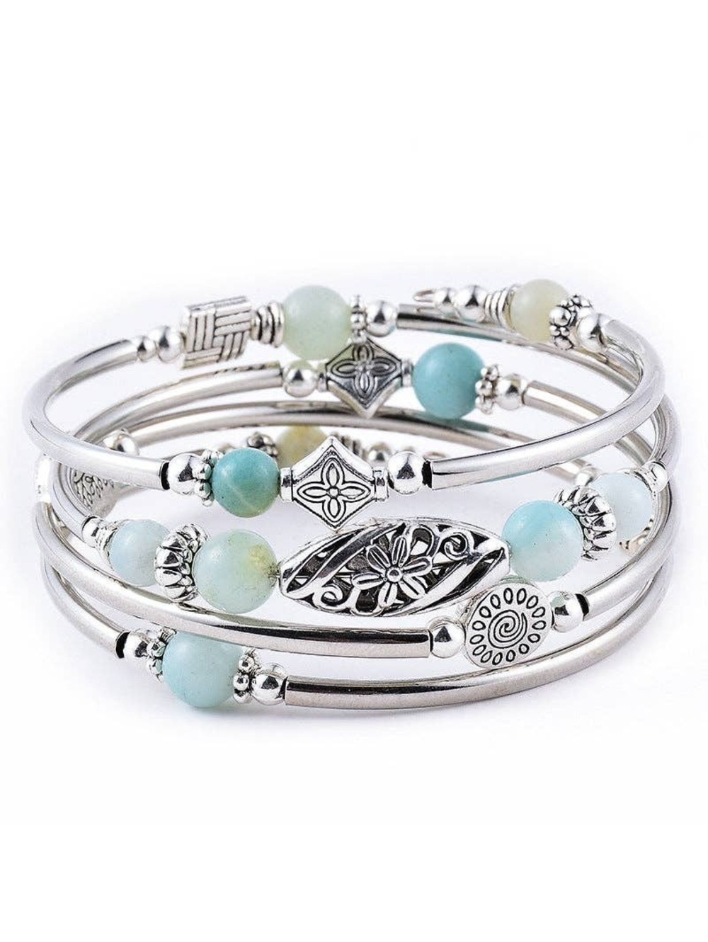 Natural Stone Wrap Beaded Bracelet Bangle with Amazon Stone
